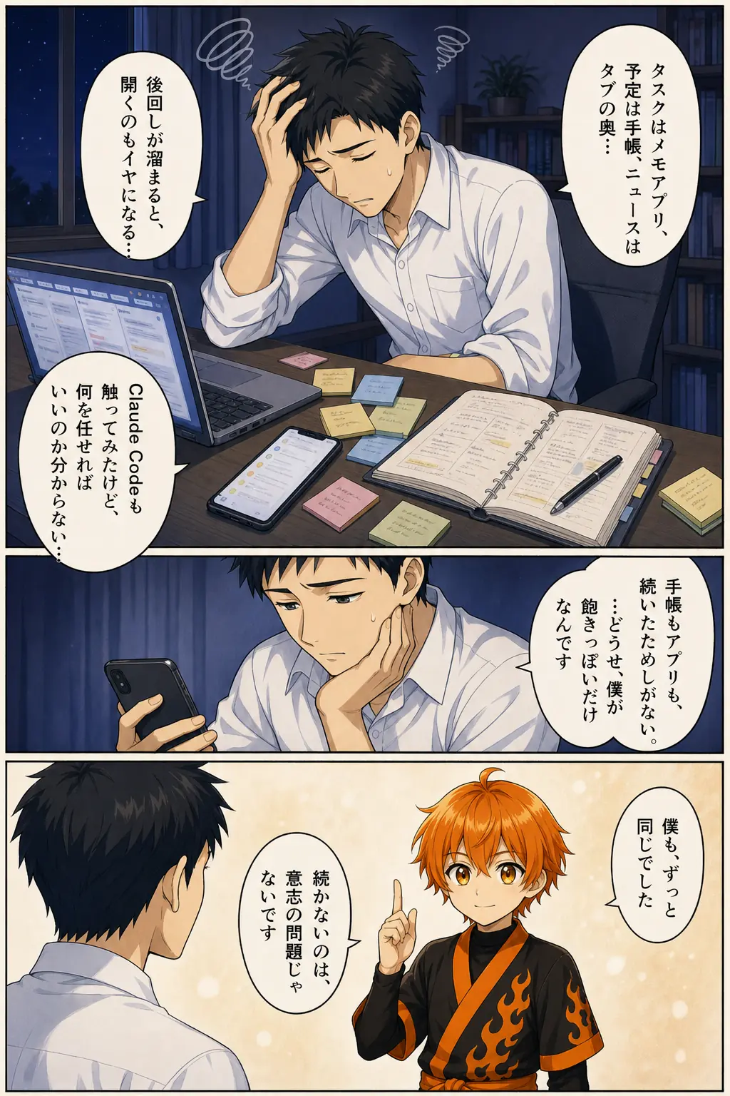 漫画: 夜のデスクで付箋やメモアプリ、開きっぱなしのタブに囲まれ頭を抱える主人公に、リツトが「続かないのは、意志の問題じゃないです」と語りかける