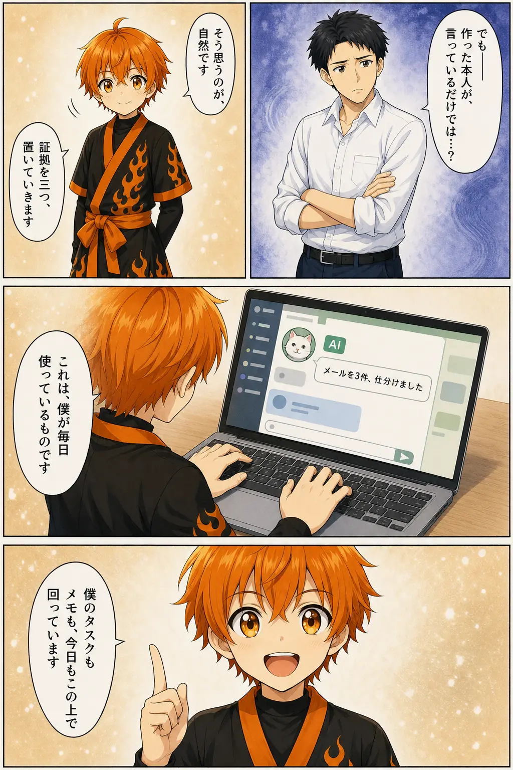 漫画: 「作った本人が、言っているだけでは…？」と疑う主人公に、リツトが毎日使っている実物の画面を肩越しに見せる